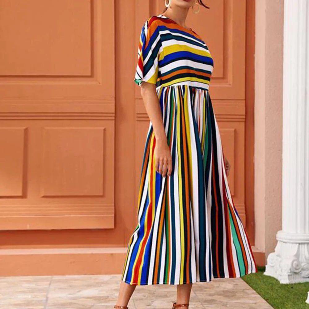 Женское офисное платье трапеция Длинное разноцветное макси в полоску с высокой