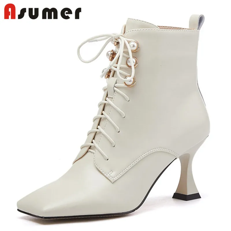 

Asumer 2021 hot sale genuine leather ankle boots women square toe thin high heel party wedding shoes ladies boots white