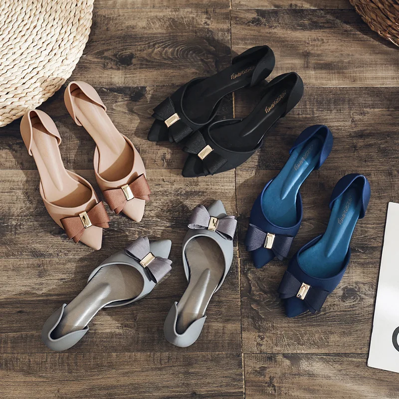 

Summer Jelly Shoes Bow-knot Pointed Toe Fashion High-heeled Shoes With Diamond Buckle Bow Mid-heel Sandals Women