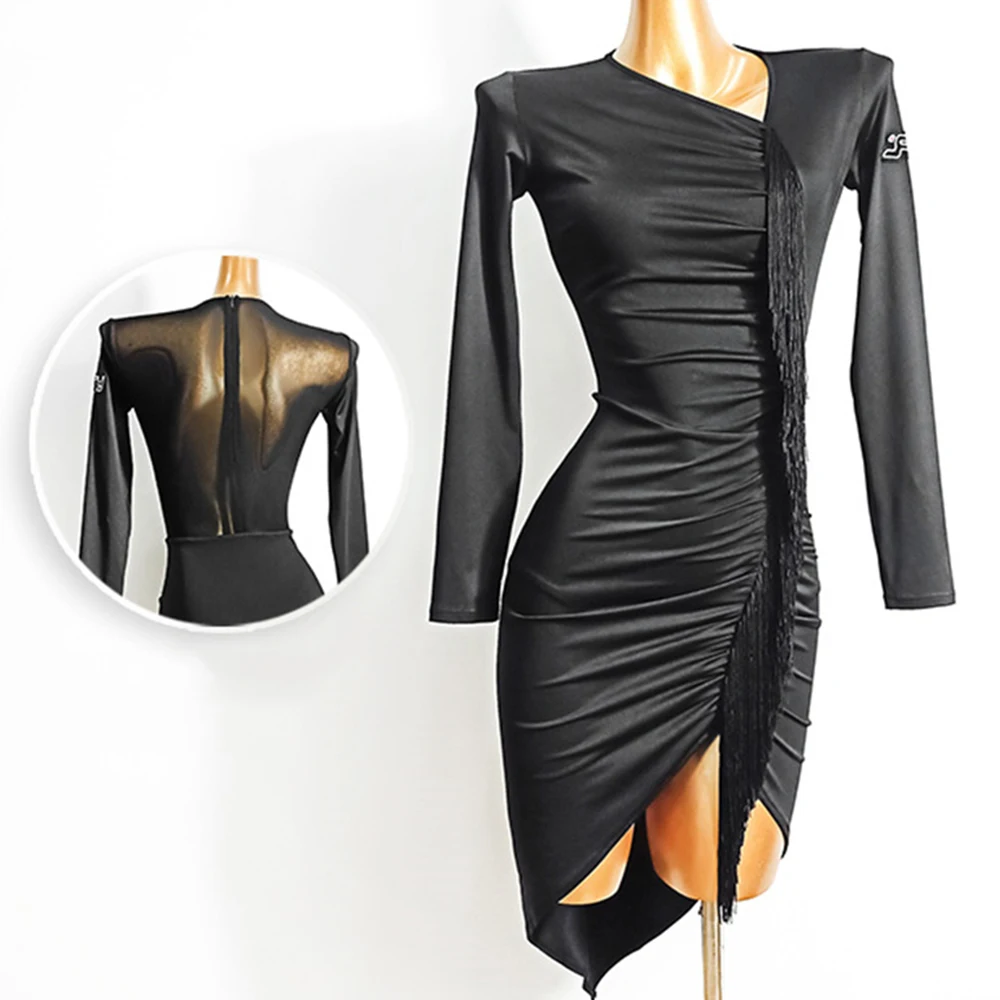 

Black Long Sleeve Tassel Design Latin Dance Dress Adult Practice Clothes Women Rumba Samba Dance Stage Performance Costume