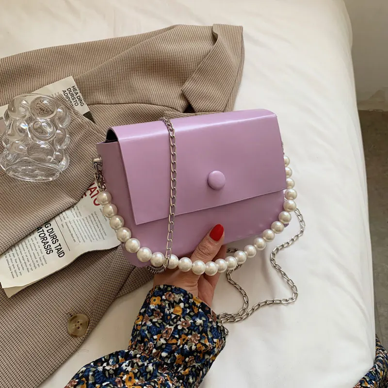 

Fashion Chain Strap Small Handbags For Women Designer Solid Color Pearl Female Crossbody Bag Ladies Pu Leather Shoulder Bag