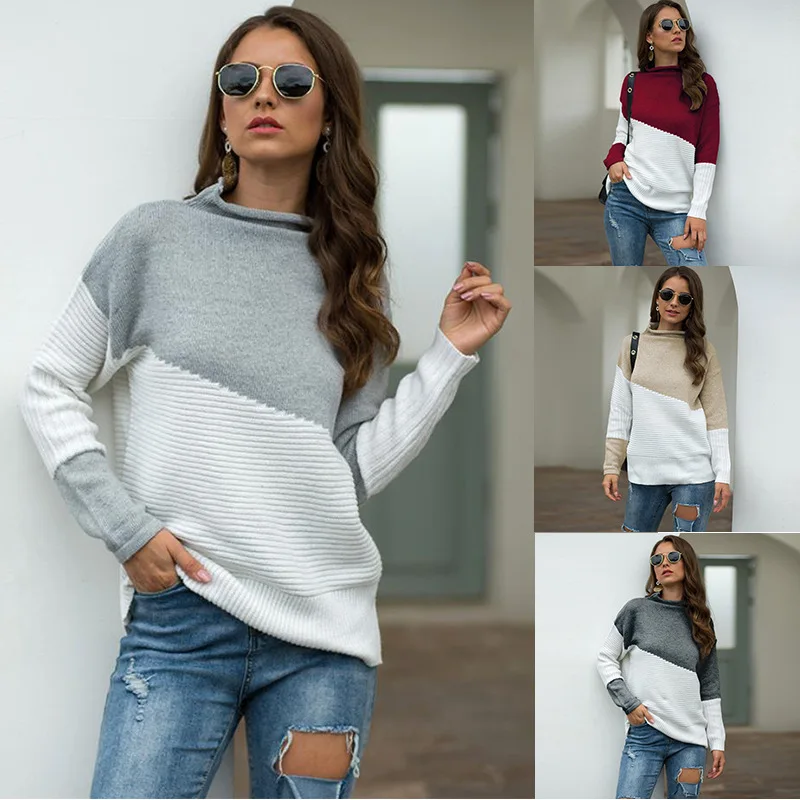 

Women's retro contrasting color sweater curled half high neck pullover sweater women