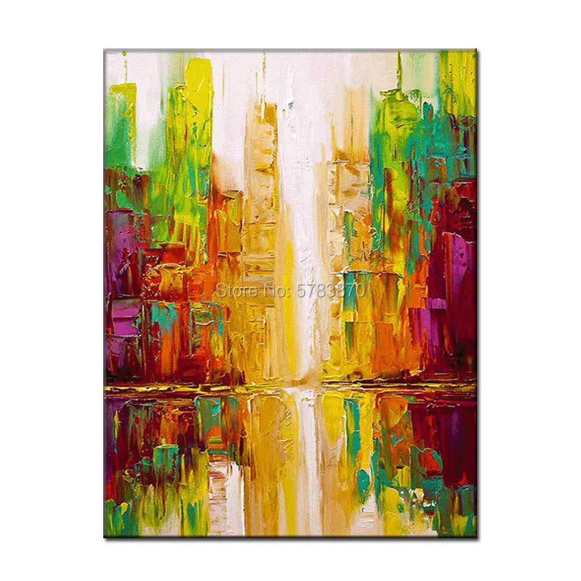 

Hand painted Abstract city painting green orange Modern Wall picture Palette Knife Oil Painting On Canvas Wall Art Home Decor