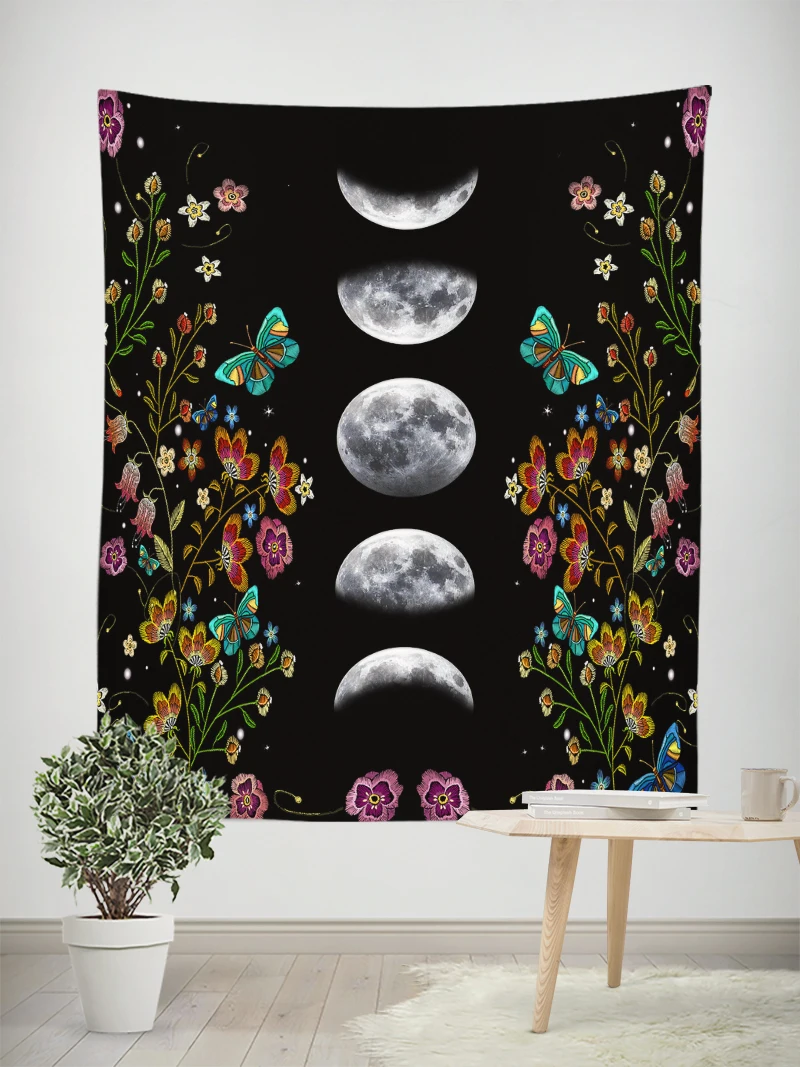 

Botanical Celestial Floral Wall Tapestry Starry SkyCarpet Arts Decorations Moon Phase Background Tapestry Home Decor Accessories