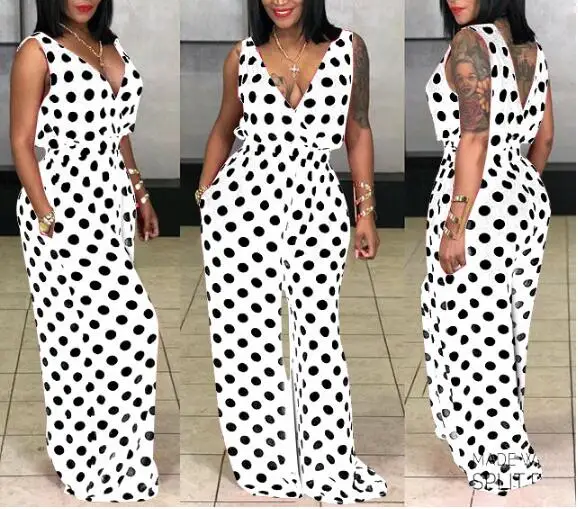 Black White Polka Dot Sexy Party Jumpsuit Women Deep V Neck Sleeveless Wide Leg Romper Eelgant Backless One Piece Overall