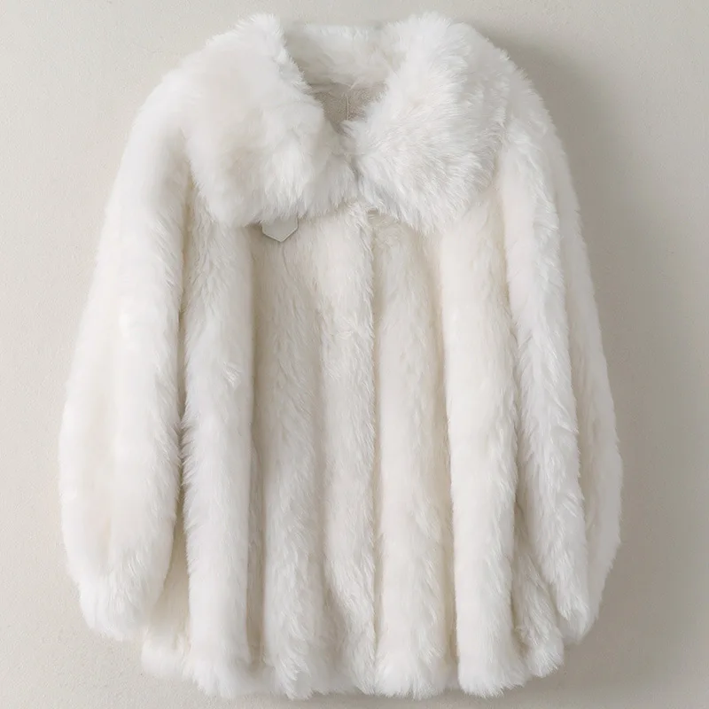 Wool Fur Coat Women's New Loose Cashmere Jacket In Spring 2021 Mid-Length White Thick Warm High Quality Outwear Wide-waisted