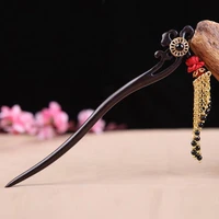 kanzashi hair stick hair pin bun holder black wood ebony copper tassel chinese japanese style kimono yukata accessories hs010