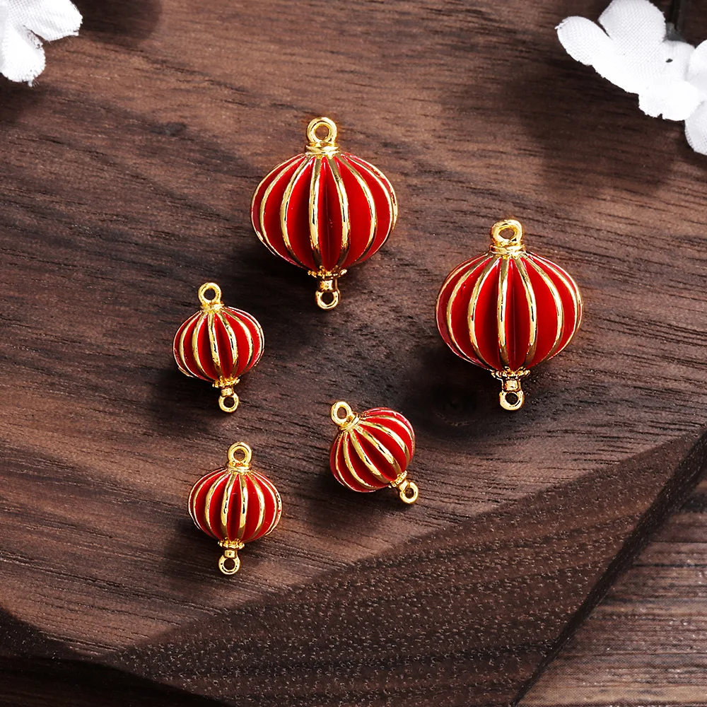 

Ornament Accessories Factory Wholesale Metal Dripping Oil Red Lantern Pendant Handmade DIY Earring Pendant gold earrings