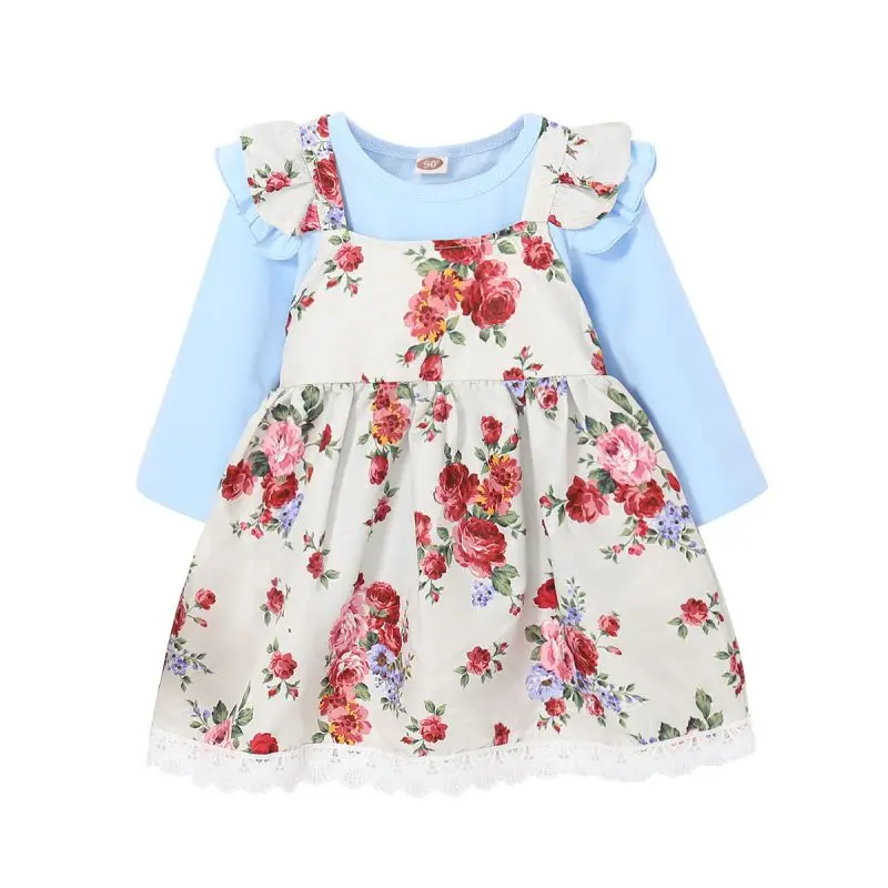 

Long Flare Sleeve kids dresses for girls Autumn Baby Girls Princess Dress Casual T-shirt Tops +Flower Print Strap Dress