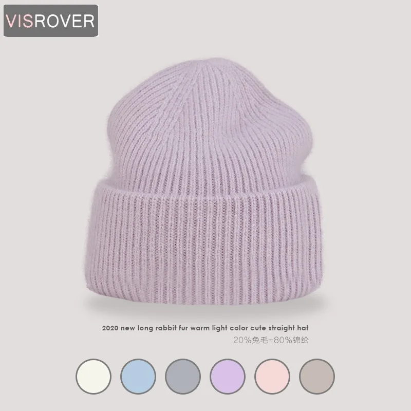 VISROVER 9 Colors Uni Solid Color Real Rabbit Fur Beanies Winter Hat For Woman Knit Bonnet Acrylic Woman Autumn Warm Skullies