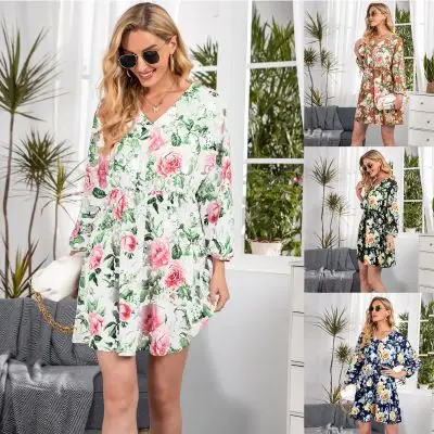 

2021 Women's Dress New Spring Summer Printed V-Neck Pullover Fasion Slim Sexy Flower Skirt Casual Loose Large Size dresses