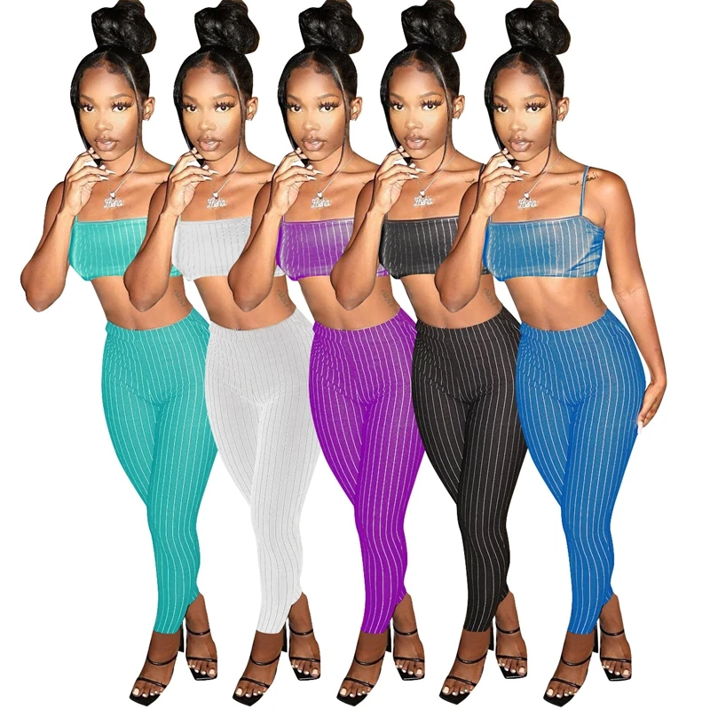 

Spring Summer Clothing Two Piece Set Women Sexy Stripe Solid Sling Tank Top Pants Suits Club Outfits Streetwear Wholesale Items