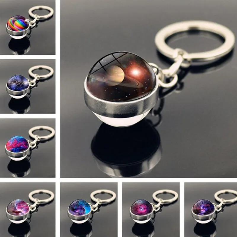 

WG 1pc Universe Planet Keychain Pendant Galaxy Nebula Double-sided Cabochon Glass Ball KeyChain & keyring Jewelry