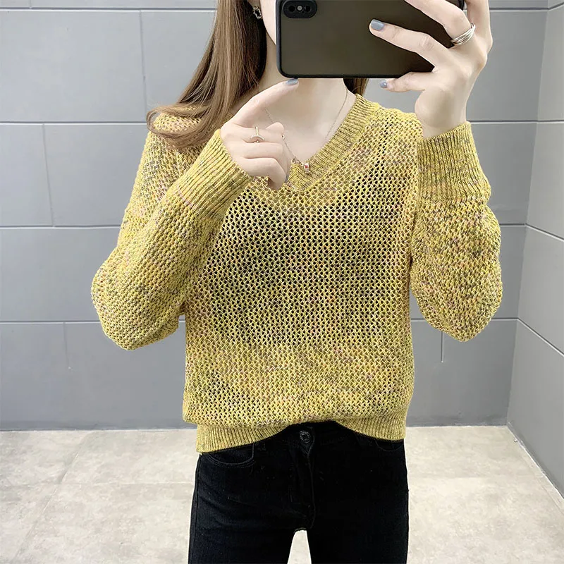 

Ажурный Свободный вязаный летний пуловер, топы, повседневные женские тонкие Джемперы, женские пуловеры