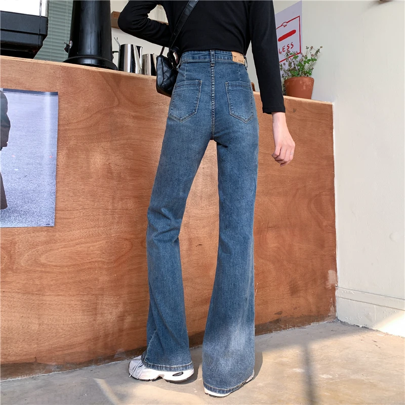 

Vintage Skinny Ripped Jeans for Women High Waist Elastic 2021 Blue Denim Jeans Lady Chic Fashion Flare Pants Female Bottoms New