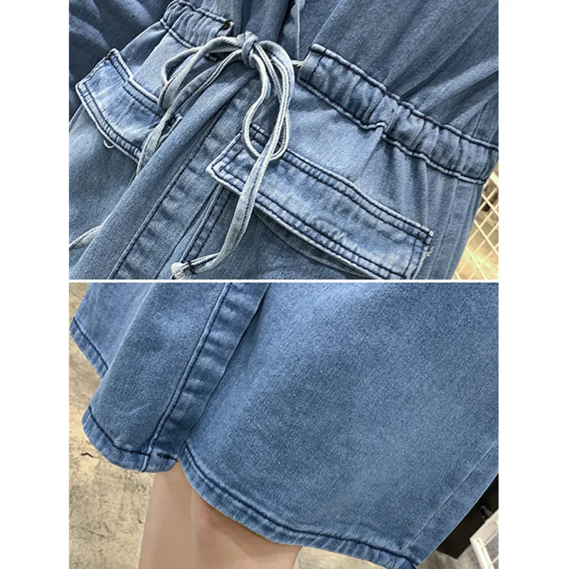 

2021 Spring Autumn Denim Jacket Large Size 4XL Women Drawstring Mid-Length Hooded Windbreaker Female Long-Sleeved Jean Coat T160