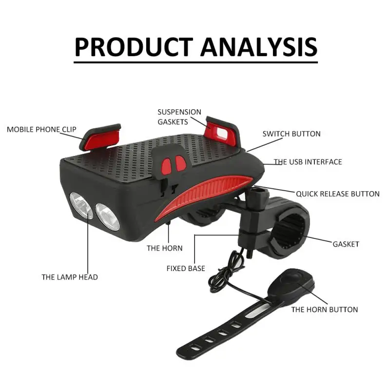 

Multi-function LED Bicycle Light Waterproof Mobile Phone Bracket Riding Speaker USB Rechargeable Front Light Bicycle Accessories