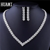 huami luxury jewelry for women stud earrings and nacklace sets cubic zirconia simple flower bridal jewelry wedding white color