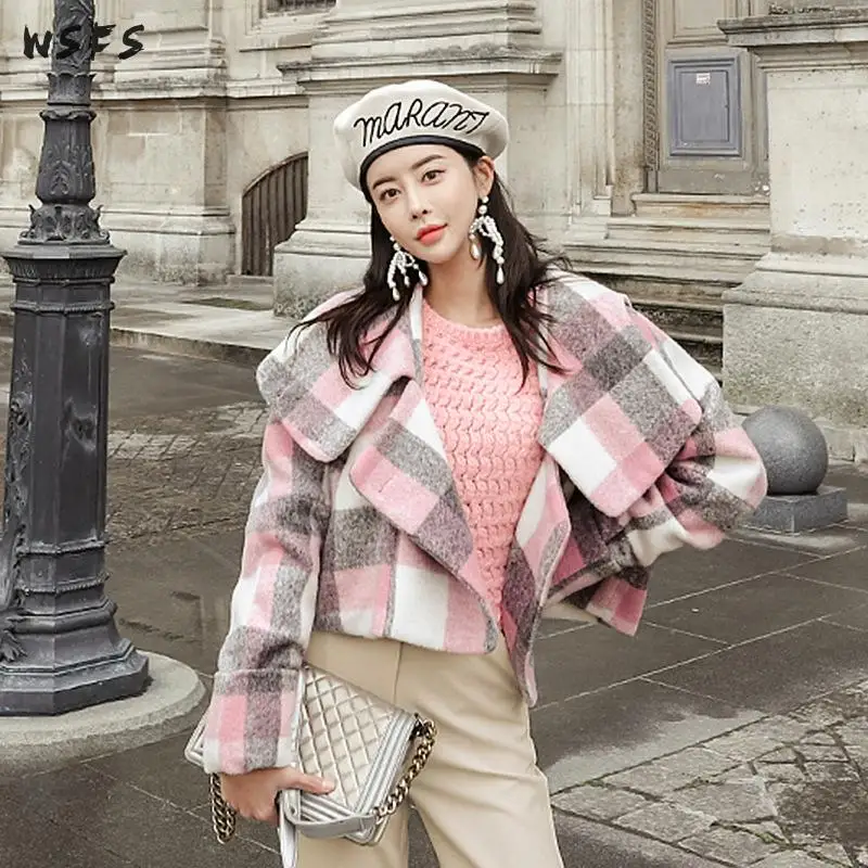 

Winter Coat Pink Plaid Hooded Long Sleeve Coats Jackets Women Clothes Plus Size Office Ladies Gothic Elegant Woolen Overcoat