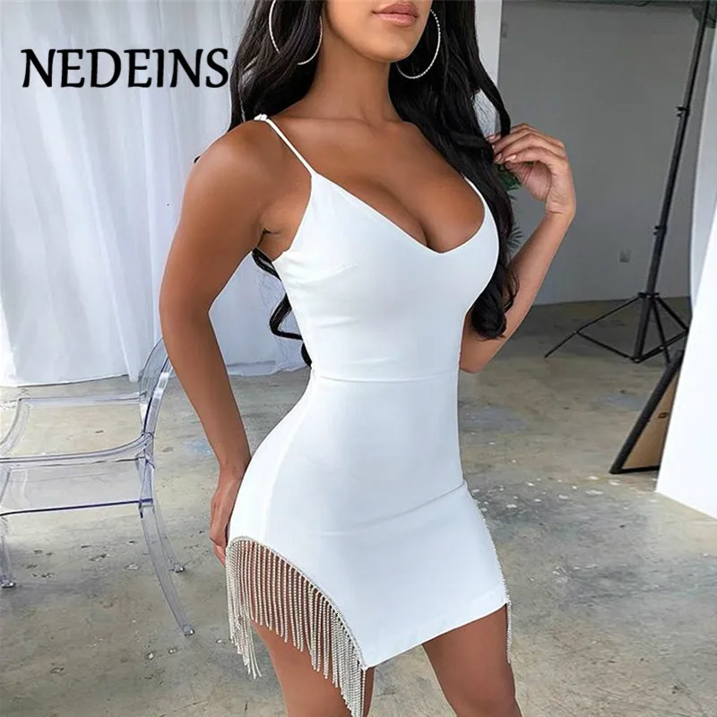 

NEDEINS Tassel Diamond Sexy Elegant Party Dress Sleeveless Solid Turtleneck Diamonds White Sling Dresses Summer Dress
