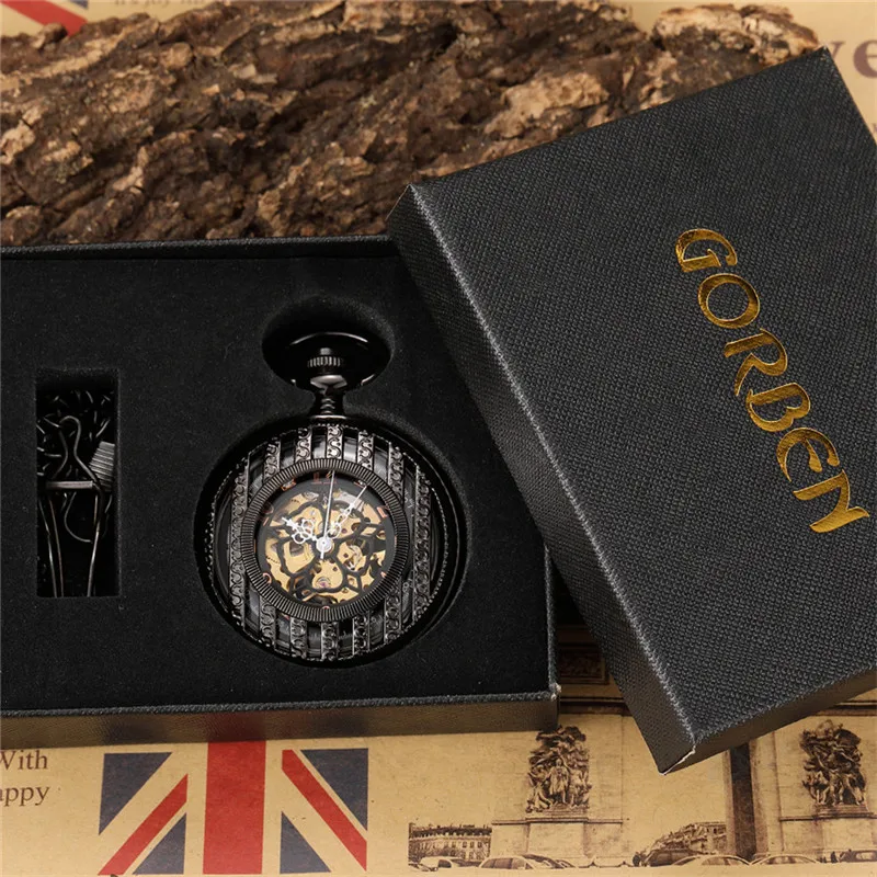 Vintage Black Hollow Skeleton Mechanical Pocket Watch Men Steampuk Hand Wind Pendant Clock Chain Arabic Numerals Dial for Gift