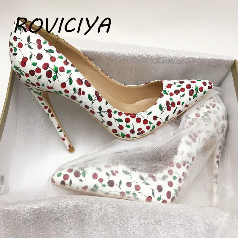

White 12cm High Heels Women Shoes Cherry Pattern Pointed Toe Women Pumps Party Dress Stiletto plus size YG007 ROVICIYA