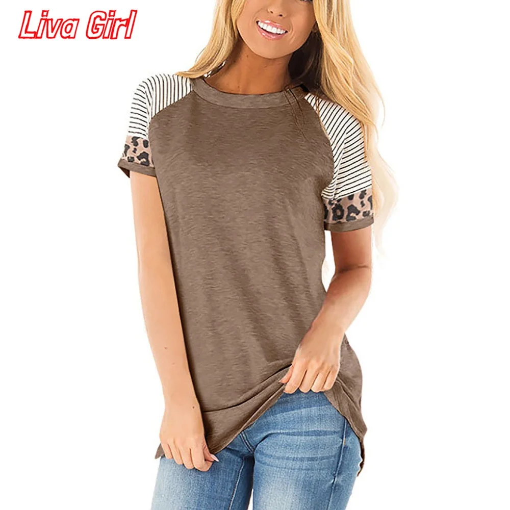 Big Size Women Clothing 2020 Summer Tops Leopard Print Casual Tee Shirt Striped Patchwork T Female O-Neck Loose |