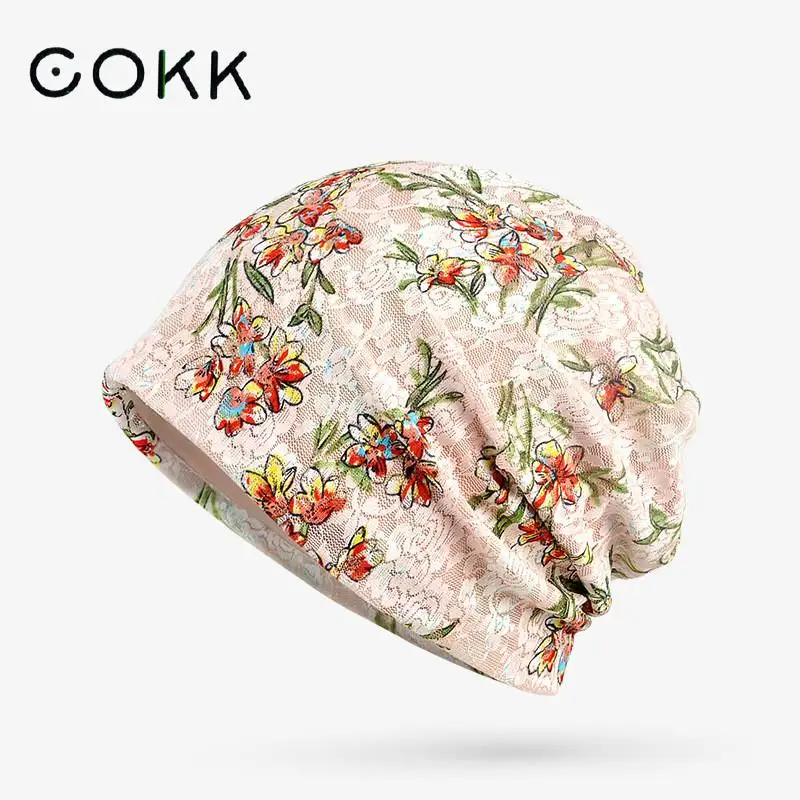 COKK Hat Women Spring Summer Hats For Women Beanie Flower Lace Thin Bonnet Femme Korean headdress headgear Gorro