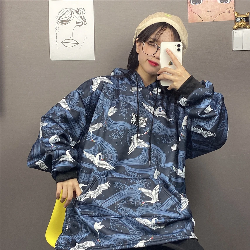 Худи женское с капюшоном укиё-э кимоно принтом журавля в японском стиле