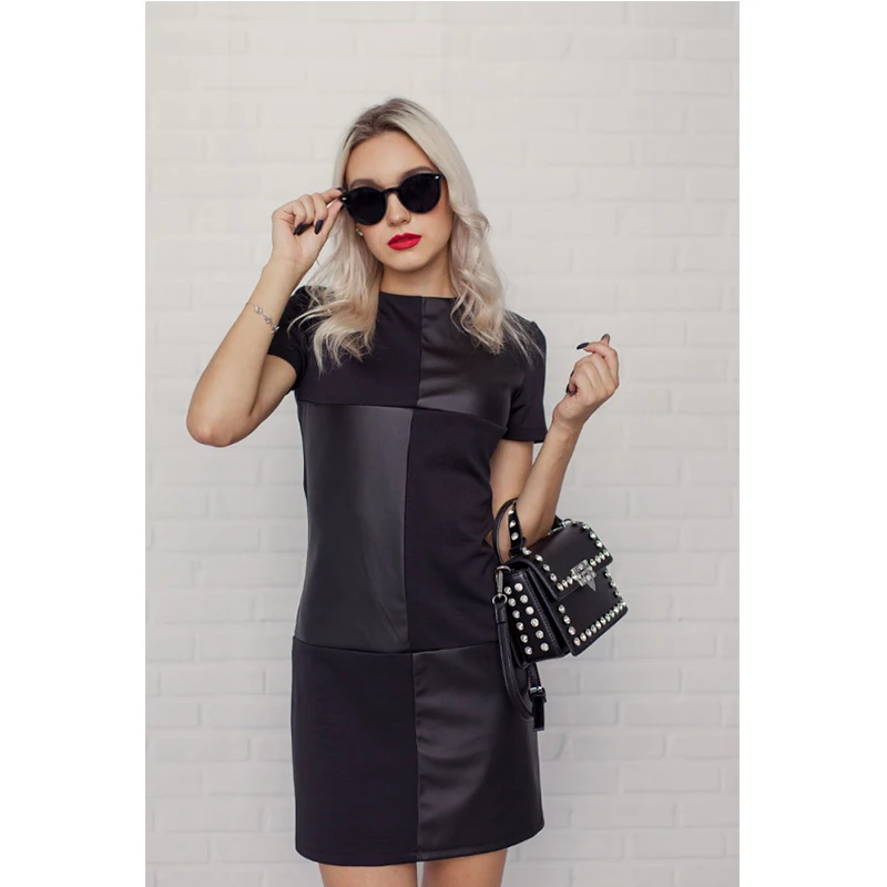 black-short sleeve Женское винтажное кожаное мини-платье в стиле пэчворк, офисное женское платье с длинным рукавом и круглым вырезом, однотонное Повседневное платье, осенне-зимнее элегантное платье - Цвет: black-short sleeve