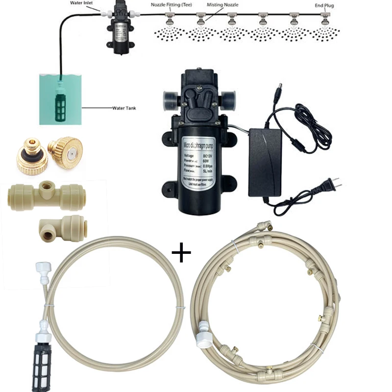 6M-18M Watering Kits 12V DCDiaphragm Pump Mist Water Spray Fog Nebulizer Thread Nozzle 10-24 UNC Misting Cooling System