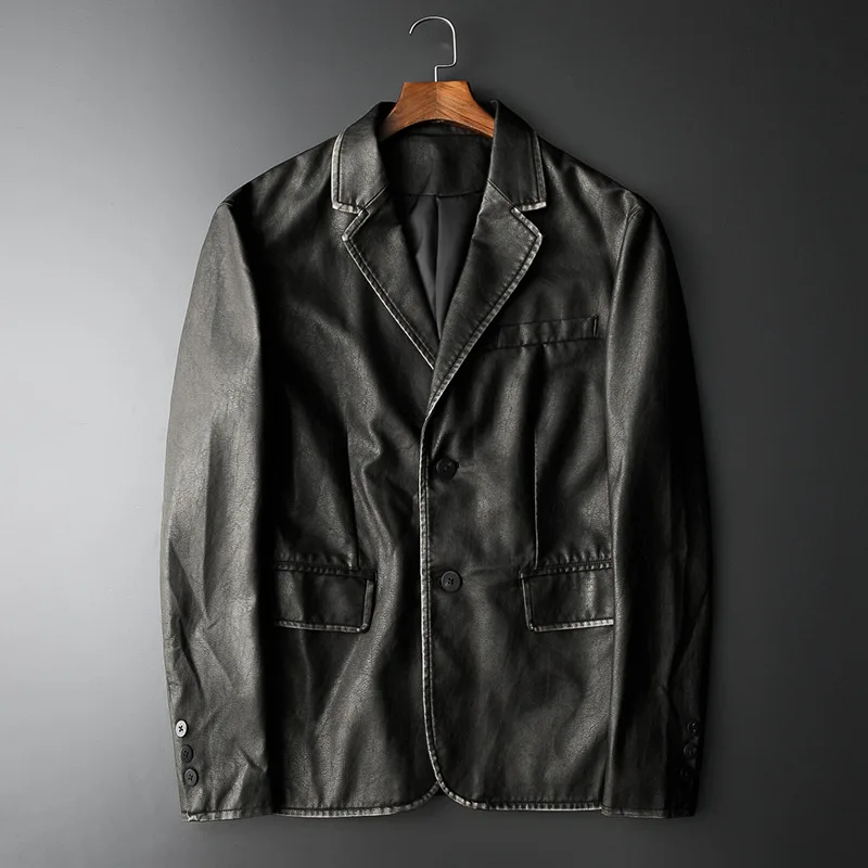 Мужской новый осенний Блейзер 2021 Мужская модная однобортная кожаная куртка с