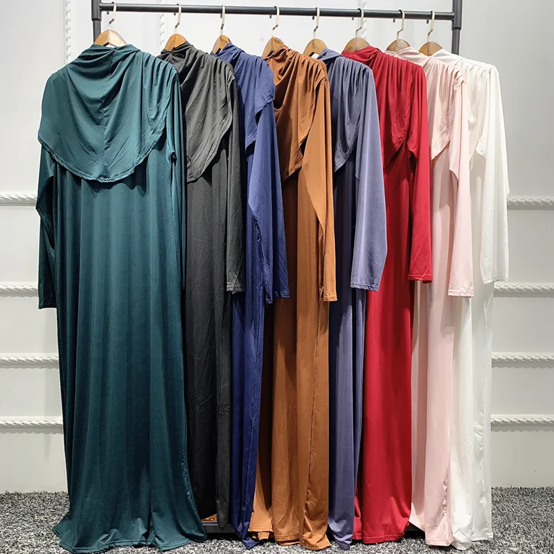 Eid Ramadan jilbab One Piece Prayer Dress Abaya Hooded Kaftan Muslim Women Robe Solid Color Islamic Dubai Turkey Modest Clothes images - 6