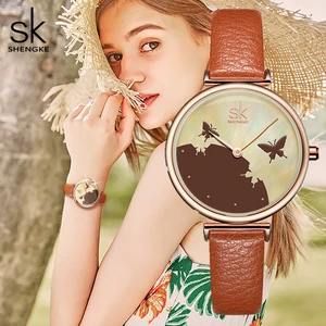 Часы Shengke женские с кожаным ремешком, брендовые Модные Роскошные наручные, с бабочкой