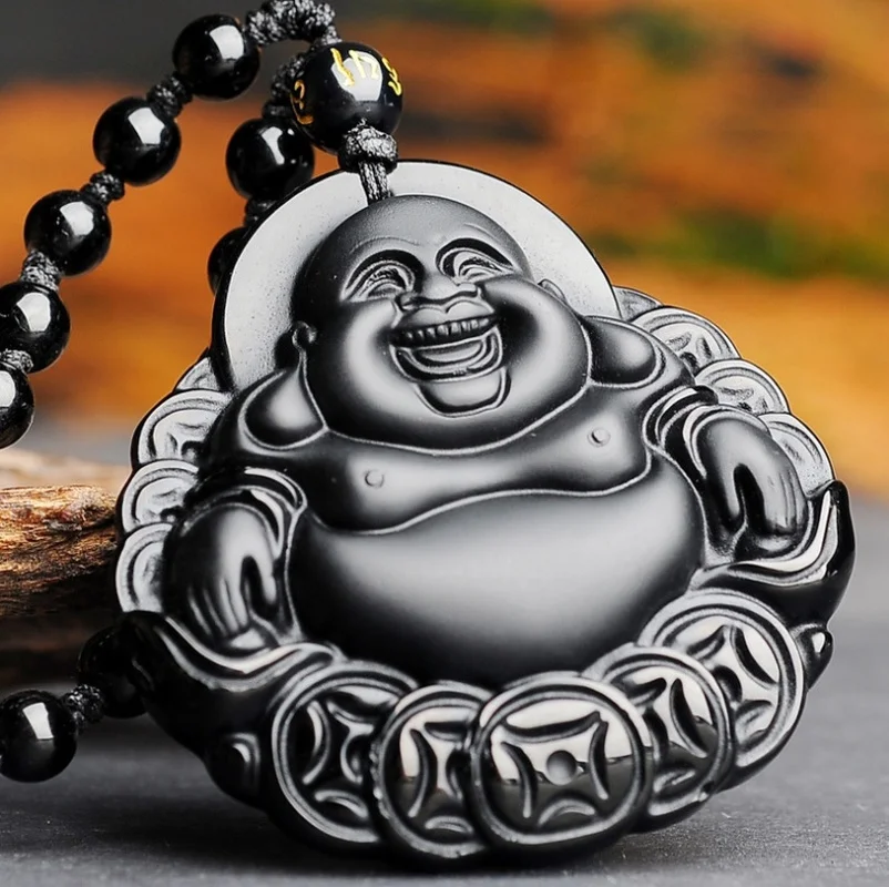 Модное матовое черное ожерелье с подвеской Будды Maitreya из натурального камня для
