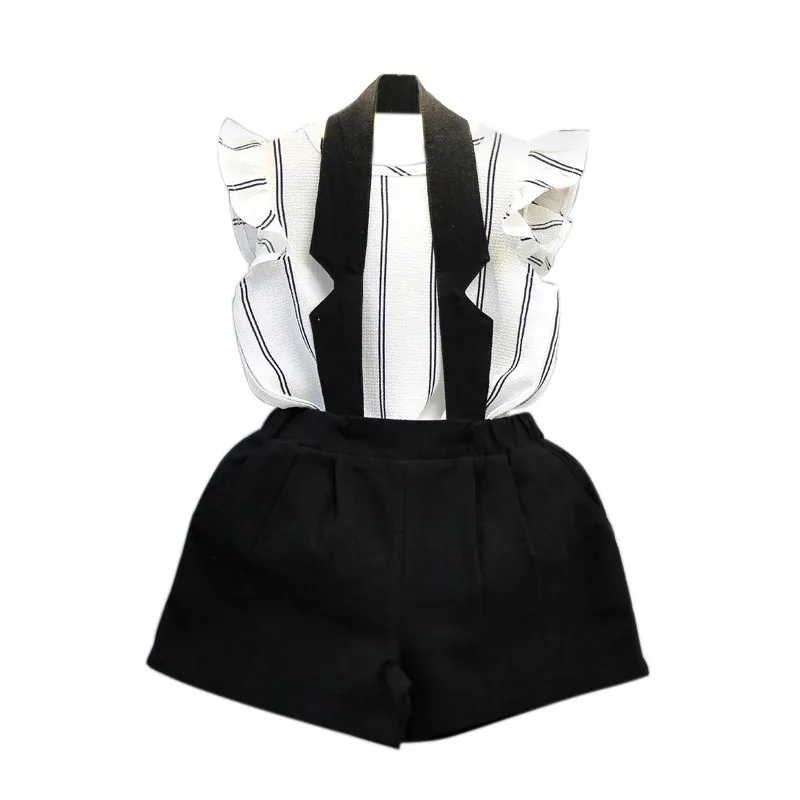 Модный комплект одежды для девочек черно белая футболка в полоску с пышными