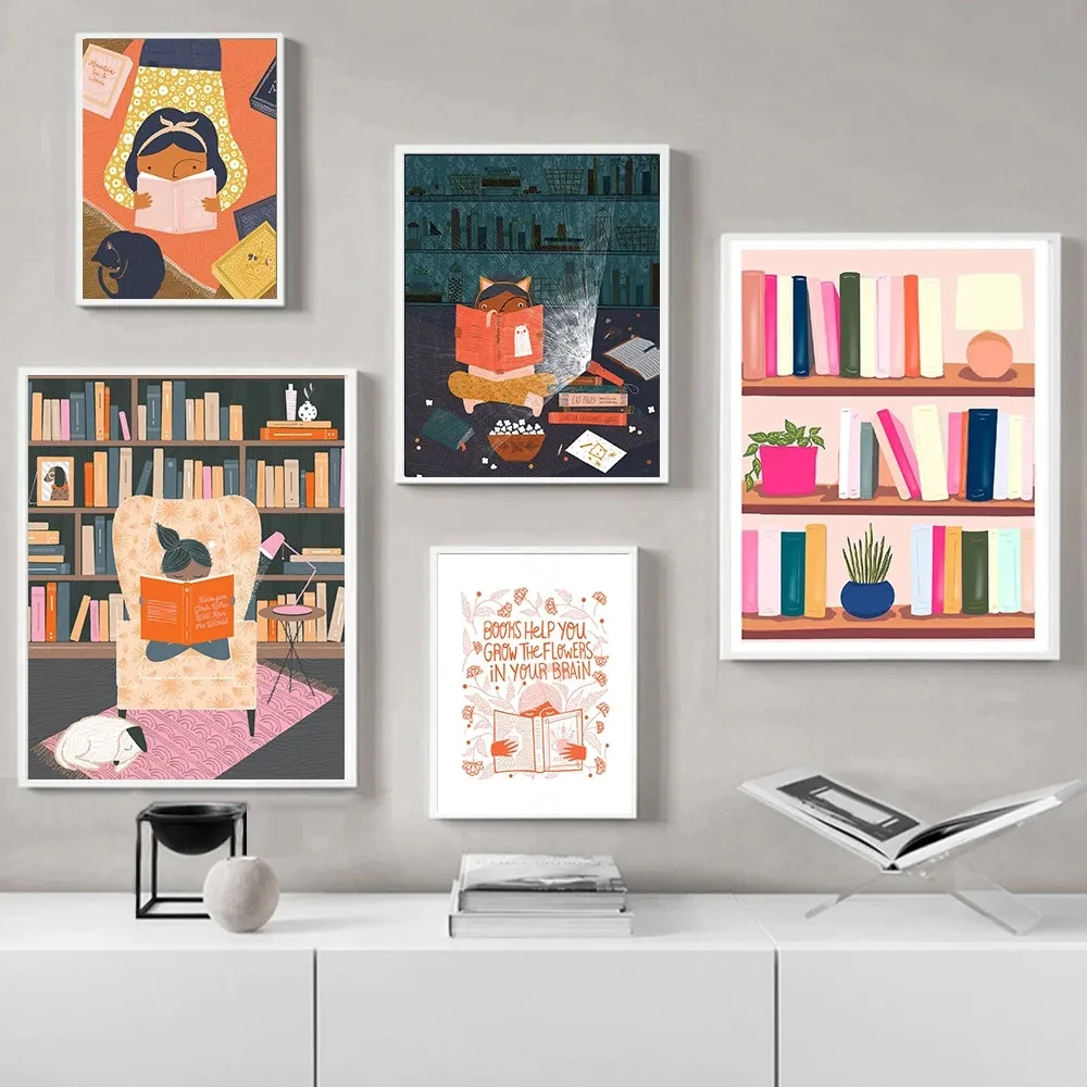 

Картина на холсте, мультфильм, настенное искусство, маленькая девочка, чтение книг, художественные плакаты, милая кошка, картины для чтения, ...