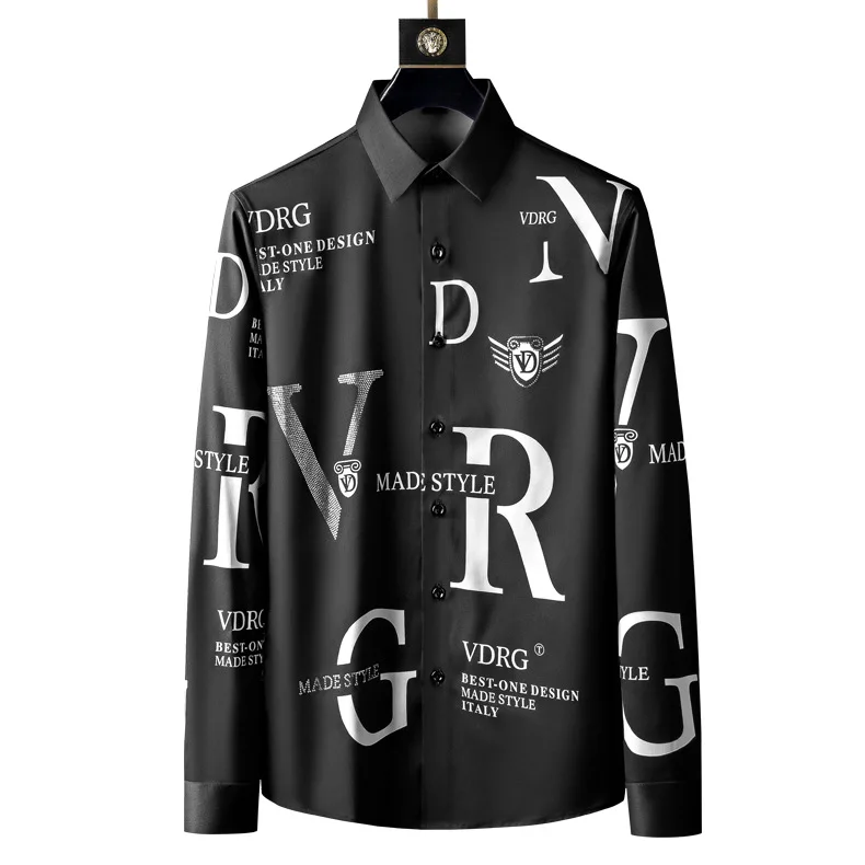 

New men's shirt letter pattern fashion trend Long Sleeve Shirt Men's slim fit no iron shirt