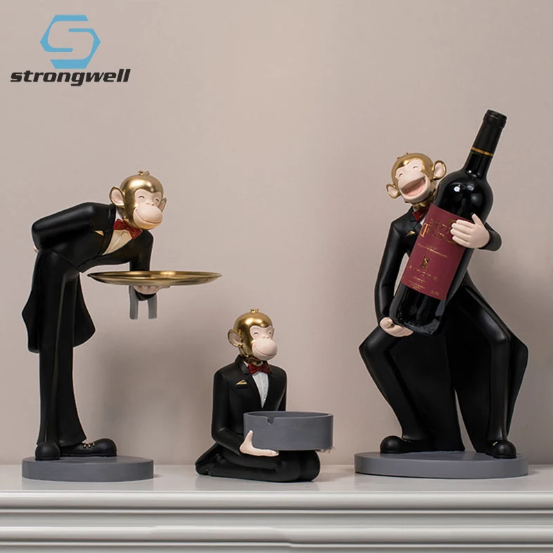 

Strongwell Abstract Animal Crafts Modern Monkey Waiter Storage Tray Wine Rack Home Decoration Furnishings Resin Figurines Crafts