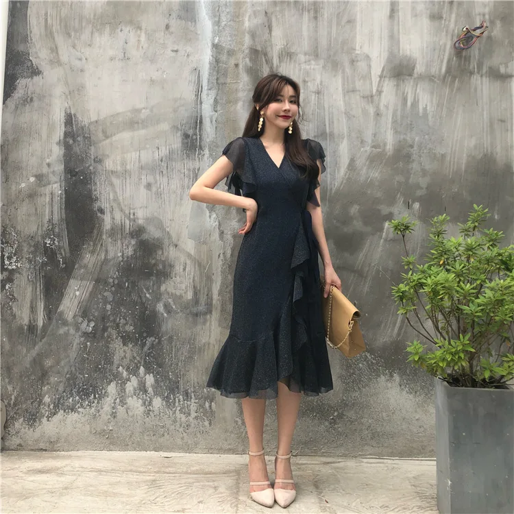 Женское летнее платье с оборками и русалкой элегантное винтажное вечернее