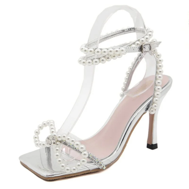 

Women sandals square head open toe thin heel one word fairy style pearl diamond silver high heel sandals