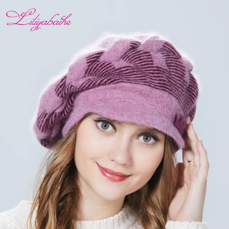 

Women's winter hat Angora wool Hat with Color matching visor Knitted Mink decoration double warm Hat