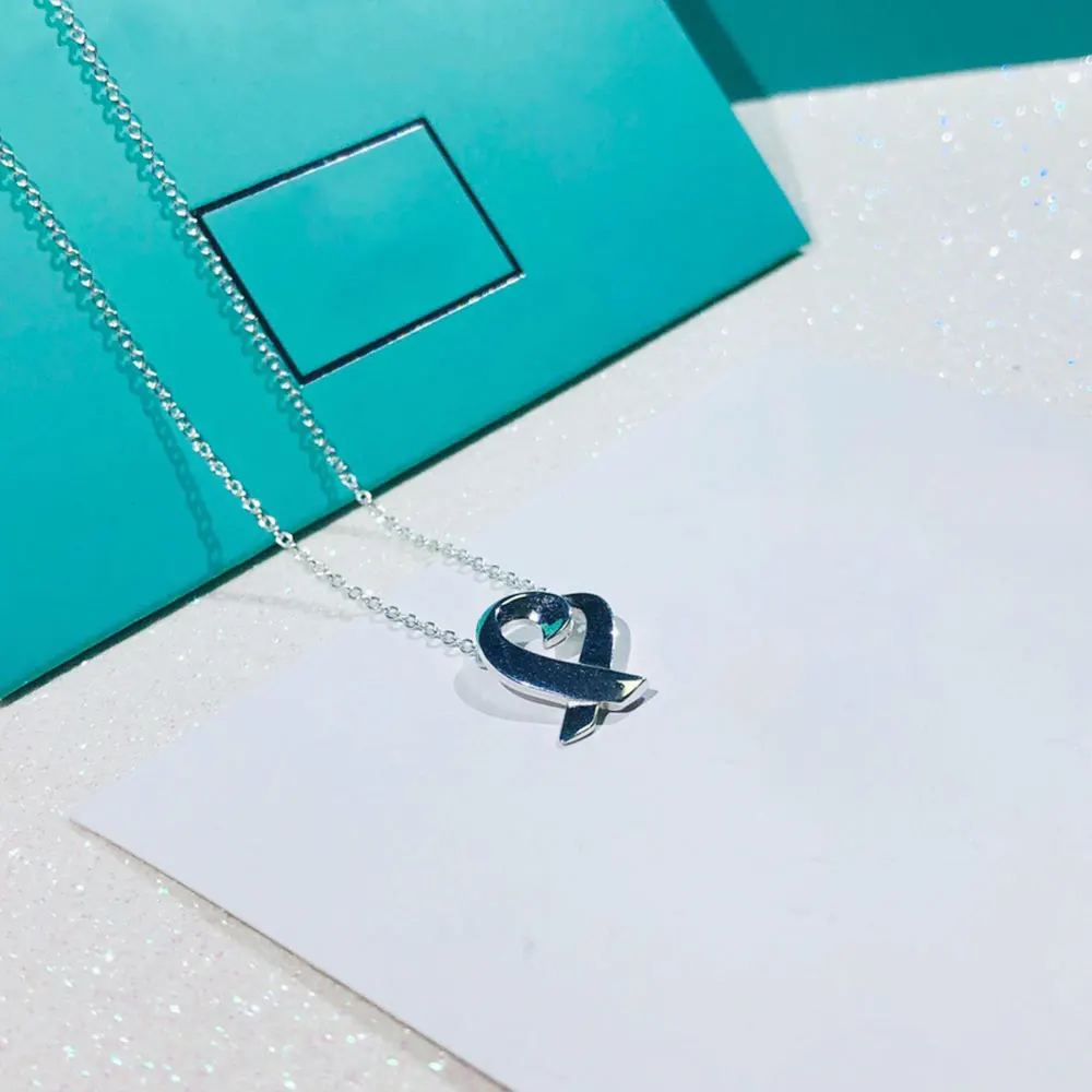 

AYBS Real 925 Necklaces High Quality TIFN Original 1: 1" Heart Shaped Interlaced Pendant Logo" Necklaces Woman