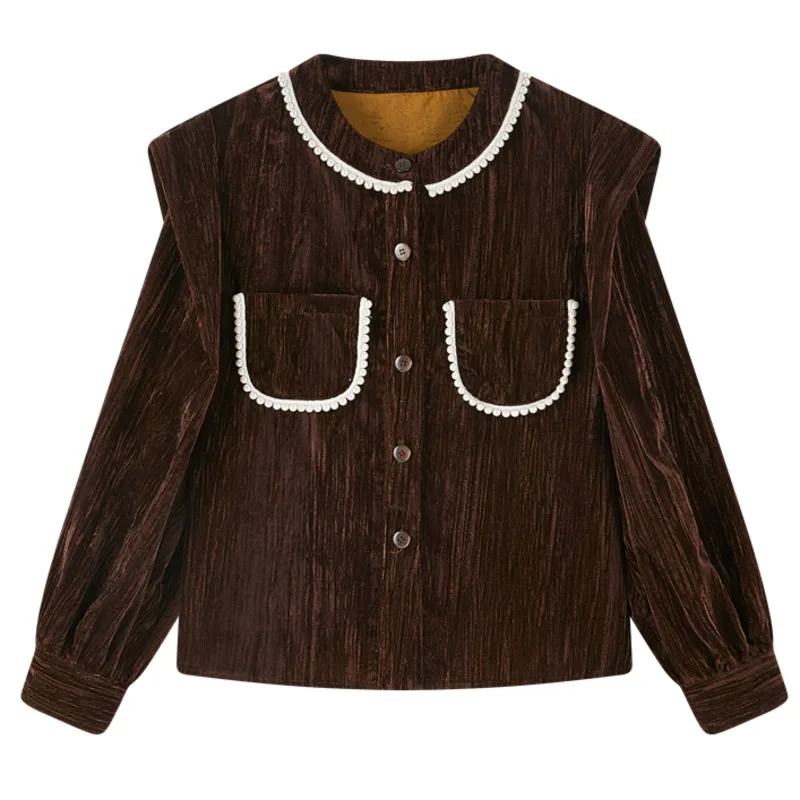 

LANMREM Women's Pearl Edge Velvet Top New Round Neck Long-sleeved Loose-fit Shirt Fashion Trend Spring And Autumn 2021 2E1152