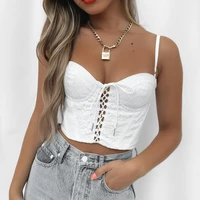 sexy hollow out white cami top summer sleeveless spaghetti strap tie front crop top backless zipper clothes women streetwear