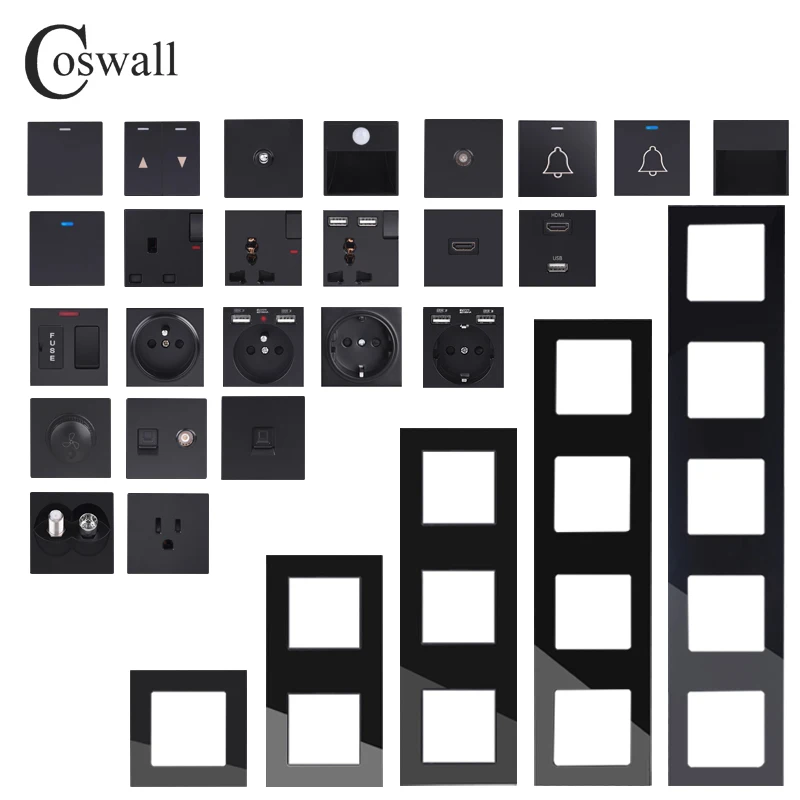 

Настенный выключатель COSWALL C1, черное стекло, вертикальная панель, европейская французская розетка, HDMI-совместимое зарядное устройство USB ...