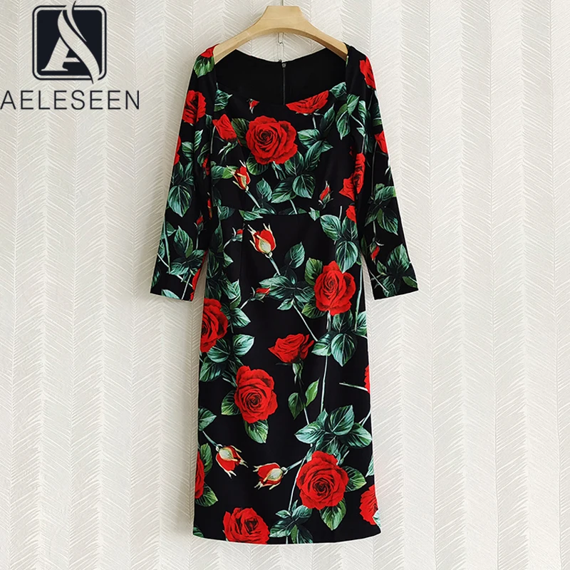 

Женское модельное платье AELESEEN, длинное платье с длинным рукавом, V-образным вырезом и цветочным принтом розы, элегантное облегающее платье д...