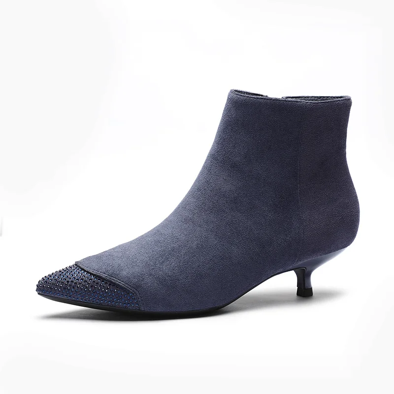 blue fur lining1 Женские ботинки короткие ботильоны из флока на молнии на тонком каблуке, украшенные кристаллами; коллекция года; Сезон Зима; теплые плюшевые зимние ботинки; женская обувь; Новинка - Цвет: blue fur lining1