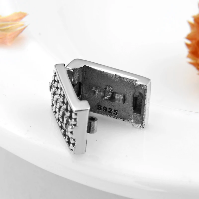 925 пробы Серебряная Прямоугольная форма прозрачный CZ бусина с зажимом подходит