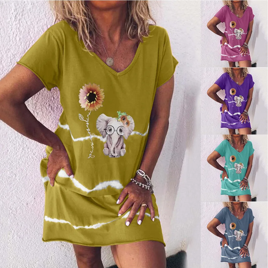 Женское платье с принтом слона и подсолнуха Повседневное v образным вырезом